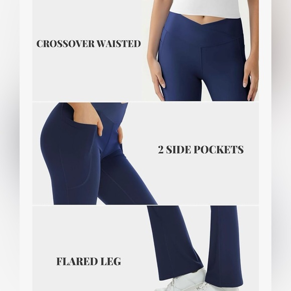 Navy Blue Flare Yoga Pants High Waisted Crossover Bootcut Leggings w Pockets - Picture 6 of 8